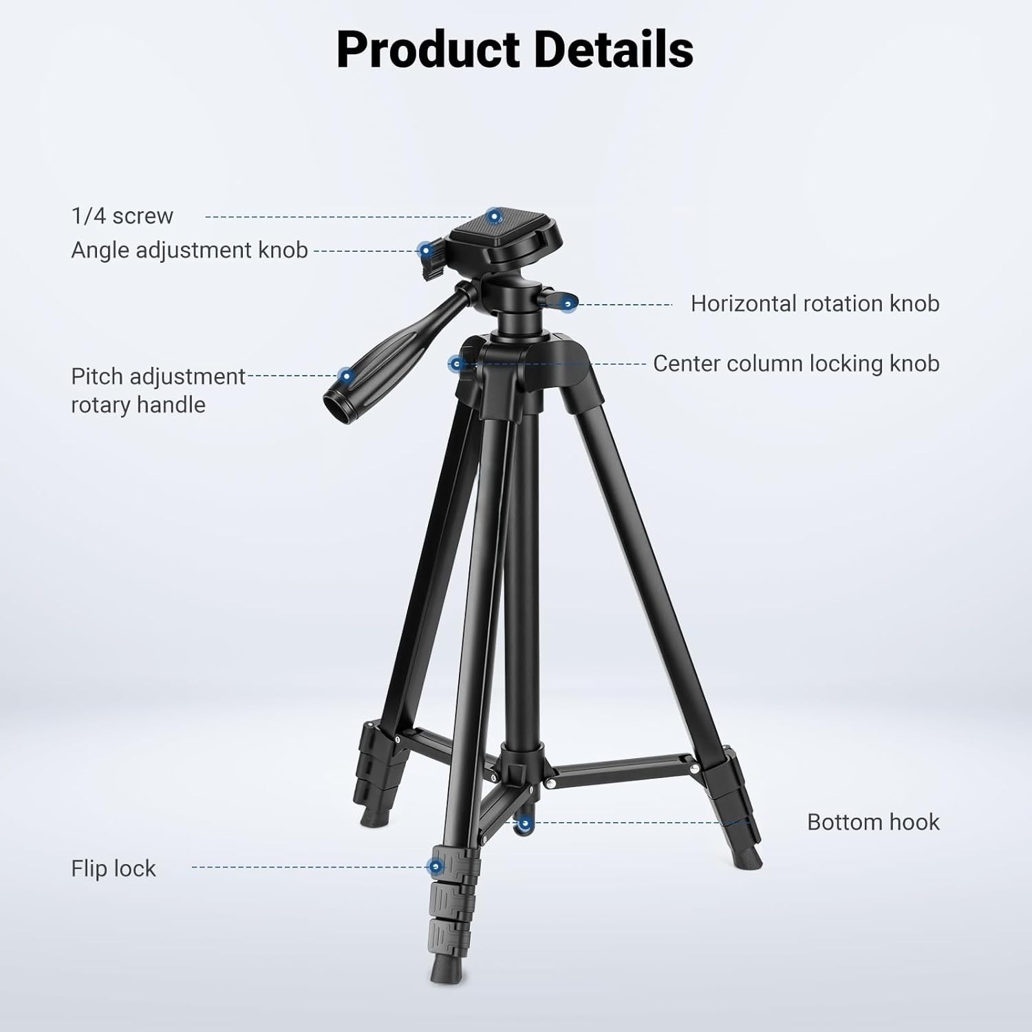 55" Portable Heavy-Duty Tripod for Phone & Camera w/ Cold Shoe Aluminum alloy