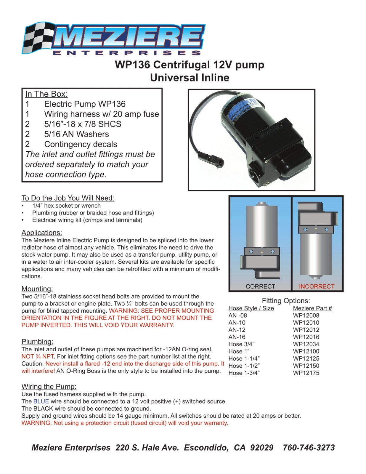 Meziere WP136S Inline Electric Water Coolant Pump black 12V 20 gpm, -12AN O-ring