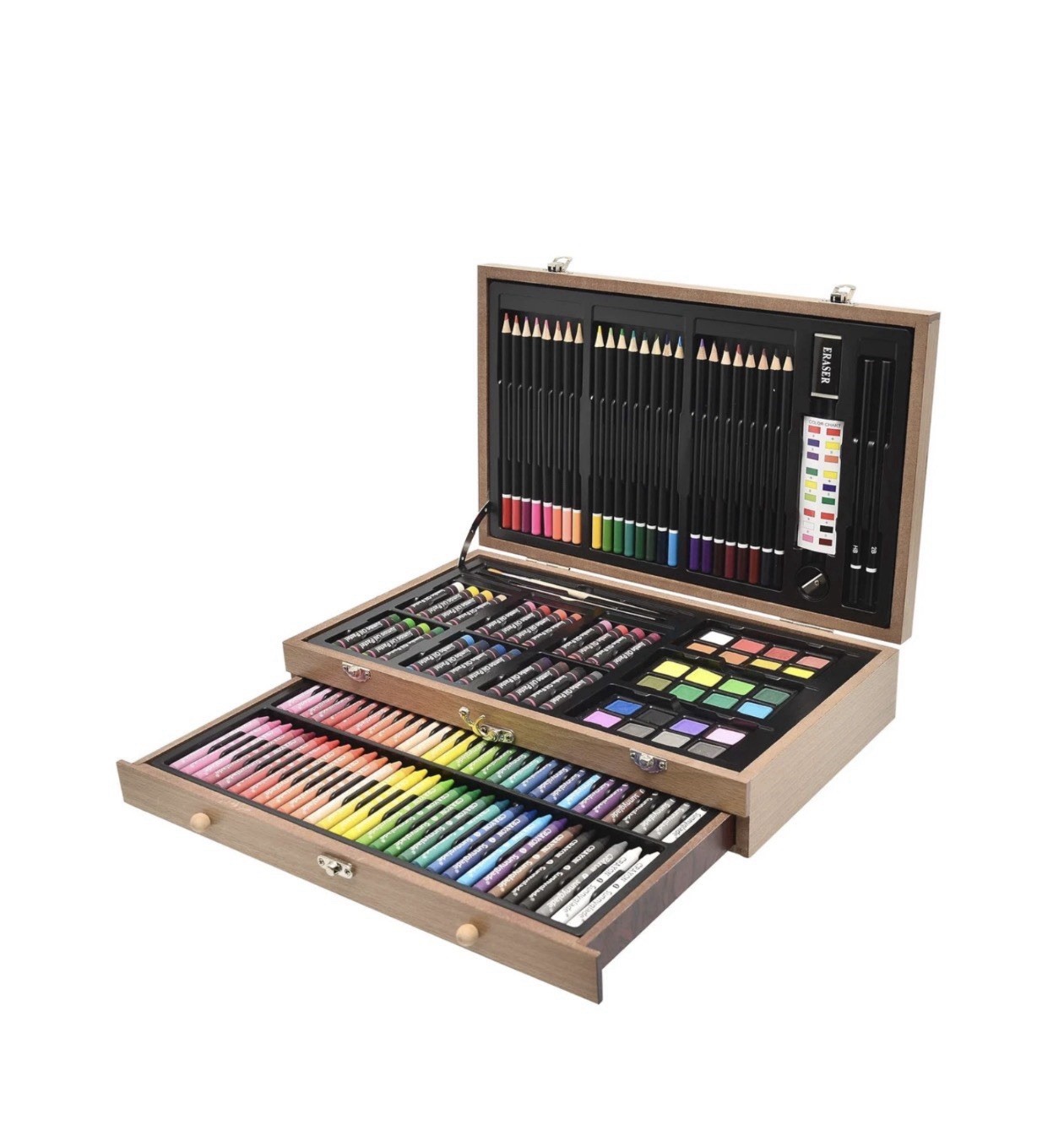 145 Piece Deluxe Art Set Wooden Art Box & Drawing Kit with Crayons Oil Pastels..