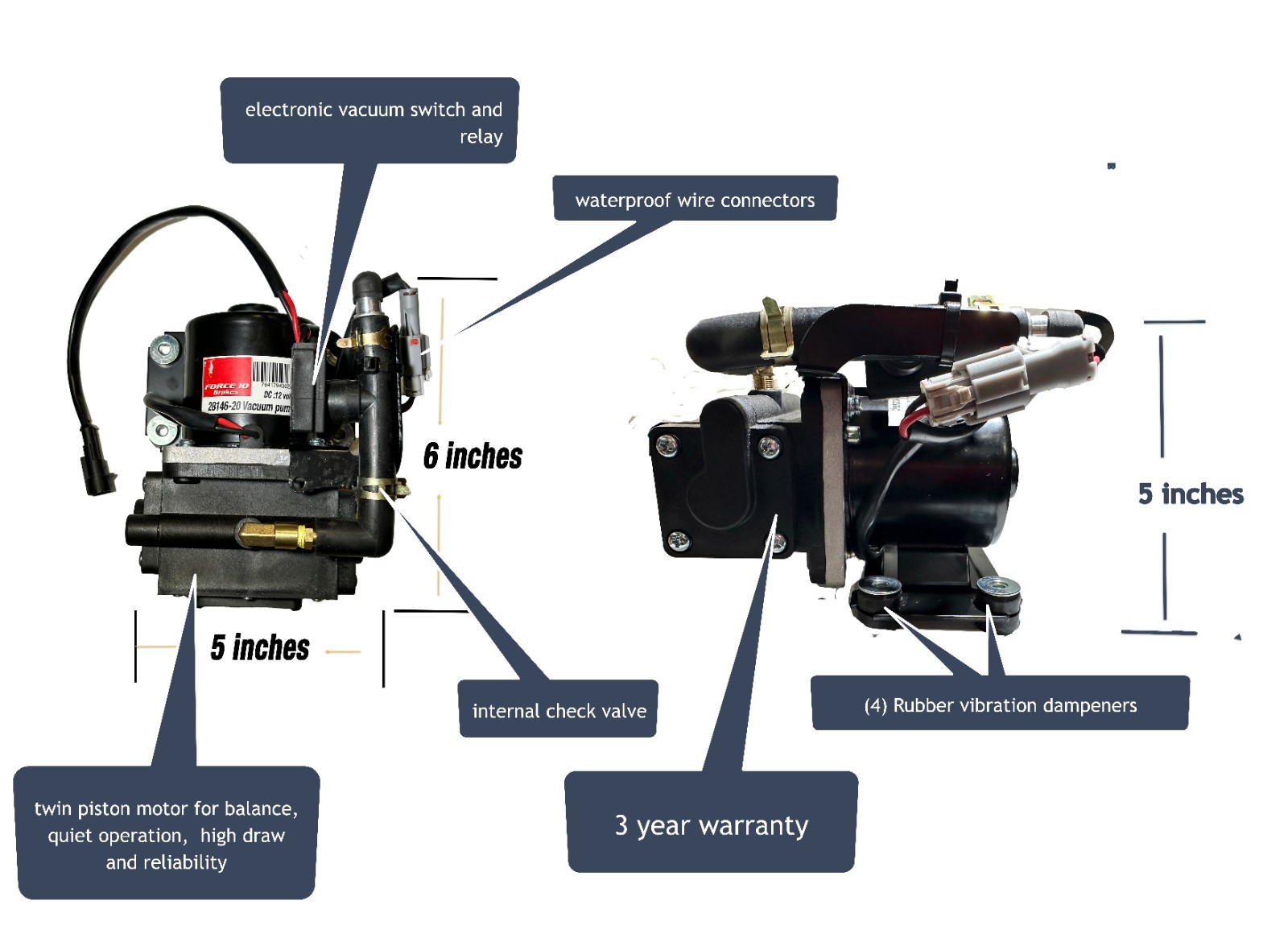 Brake Booster Vacuum Pump -Ultra quiet Dual piston pump 12 V "Plug and Play"