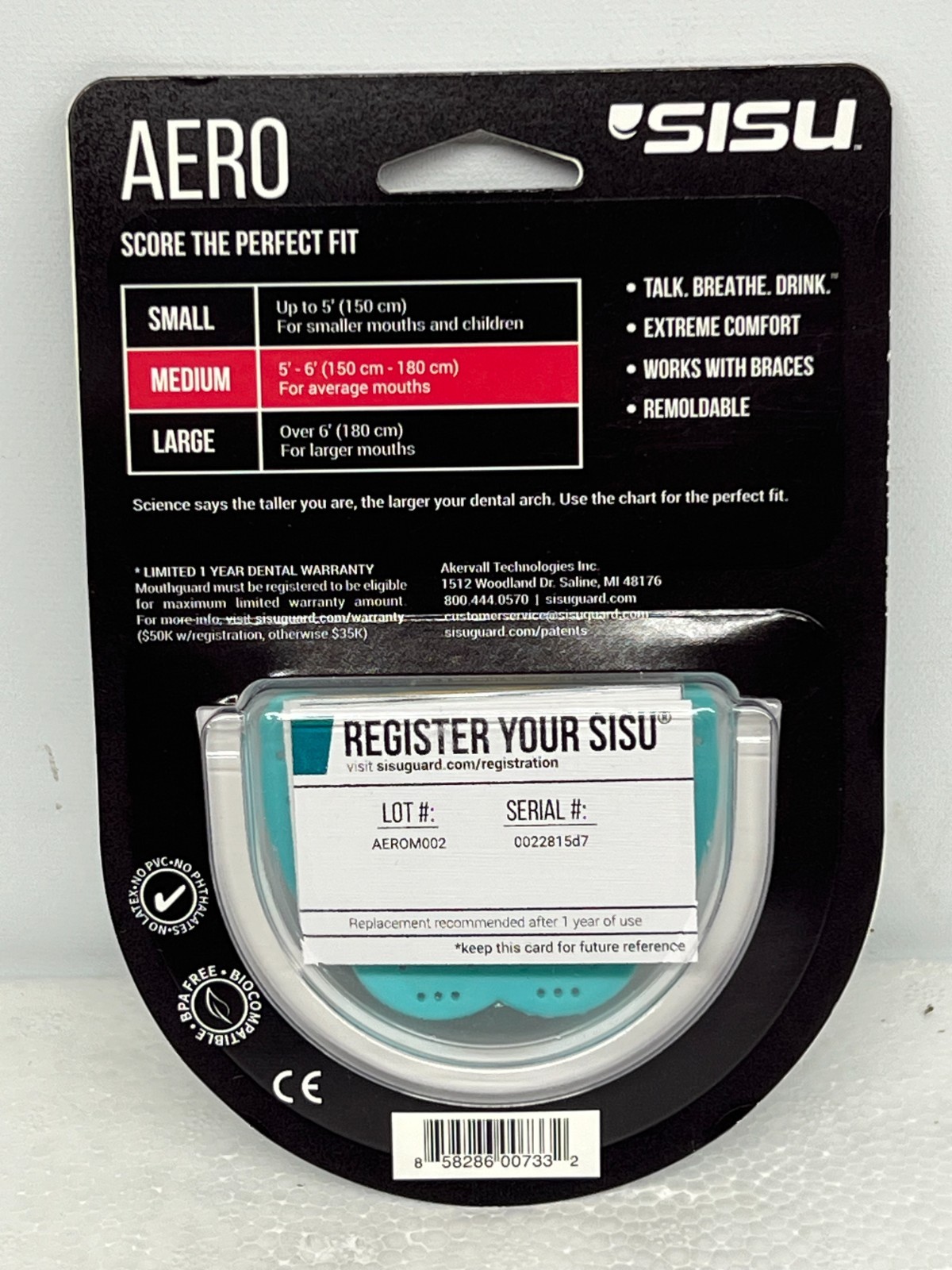 SISU Aero NextGen MouthGuard Mouth Guard 1.6mm Thin Aqua Adult Size MEDIUM