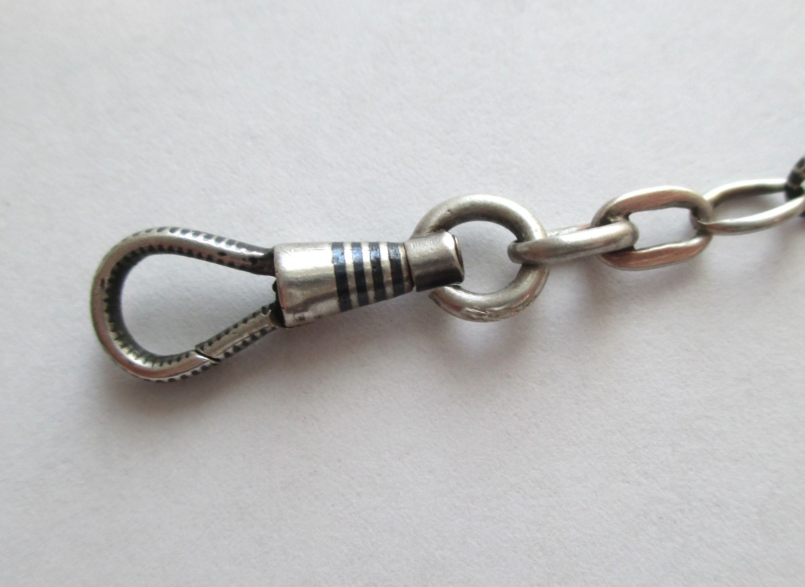 13.75in ANTIQUE 800 SILVER NIELLO WATCH CHAIN w/ DOG CLIP 7.2g