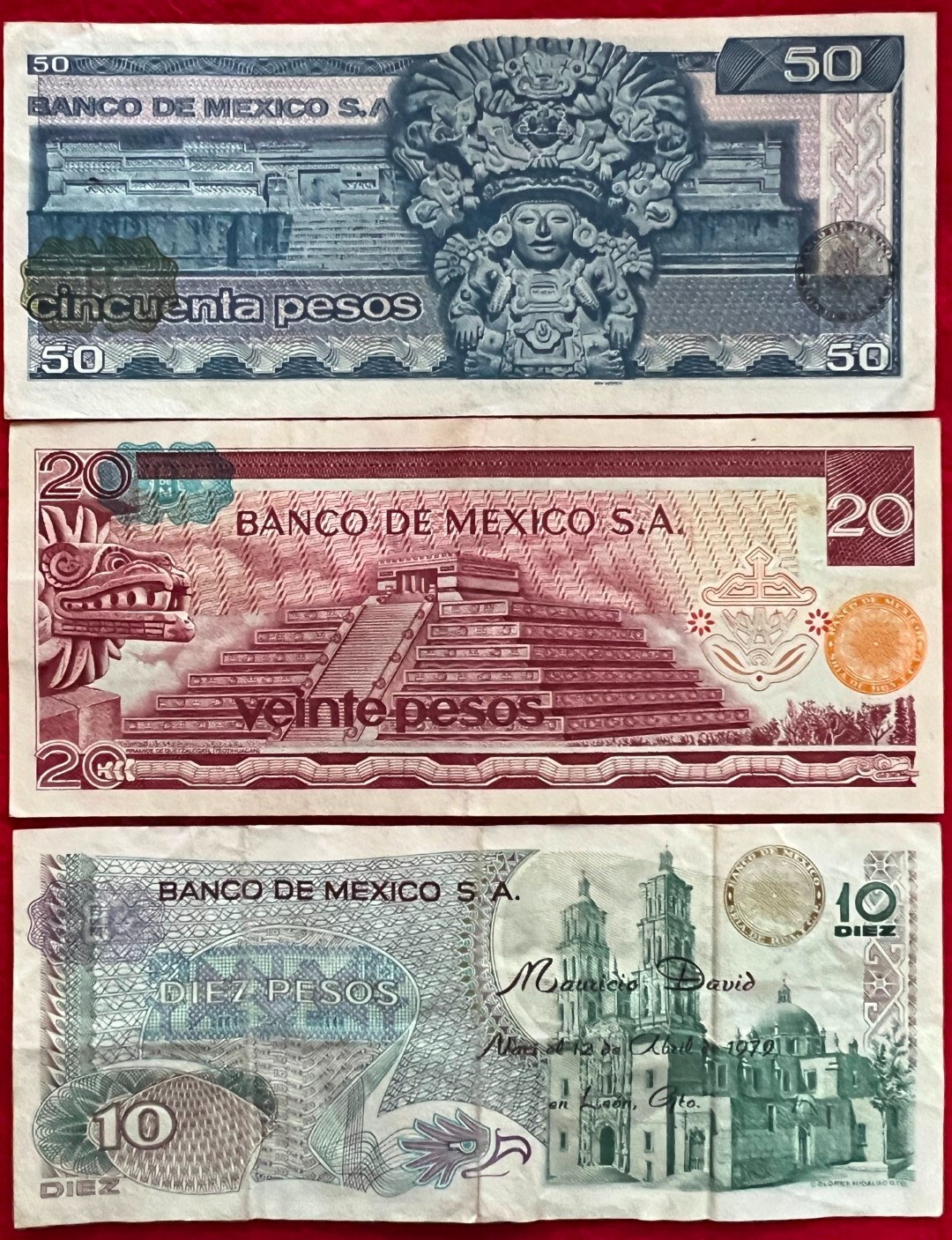 LOT of 10 MEXICO PESO BANKNOTES SERIES 1, 5,10,20,50,100,500,1000 BDM MEXICO ABN