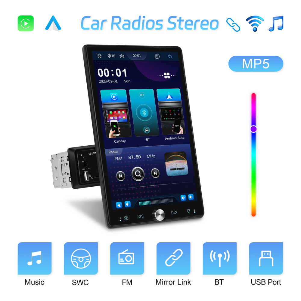 10.4" Single Din Touch Screen Stereo Bluetooth Radio Apple/Android Carplay+CAM