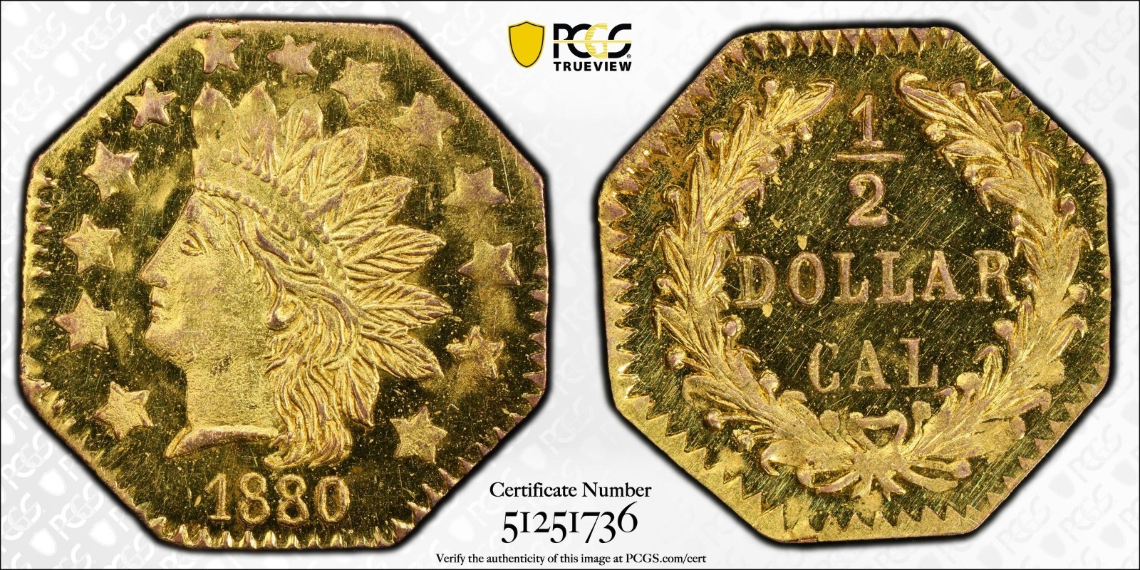 1880 California Fractional Gold PCGS MS64PL MS-64 Prooflike G50C BG-955 Pop 1