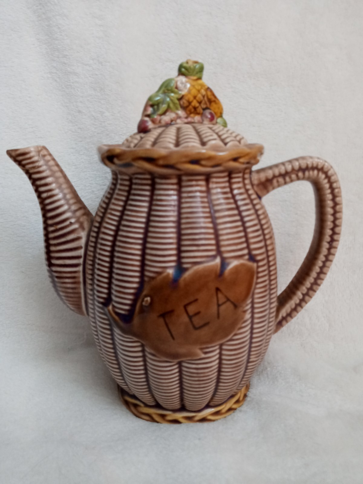 Vintage TILSO Decorative Basketweave Teapot, Fruit Lid; Numbered 53/110