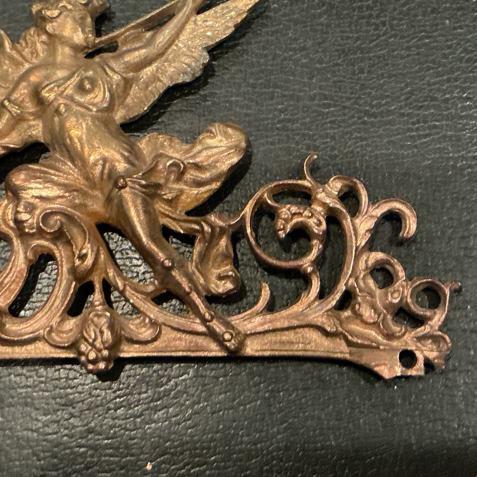 Antique Brass Angel With Trumpet Furniture Mount, Embellishment, Ormolu