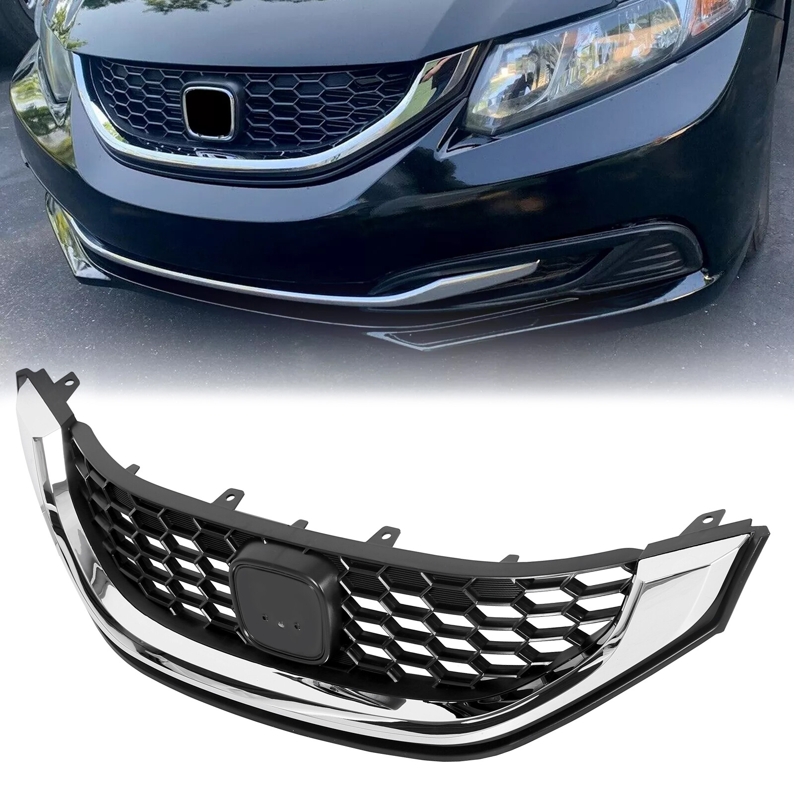 For 2013-2015 Honda Civic Sedan Front Bumper Upper Grille Grill W/Chrome Trim