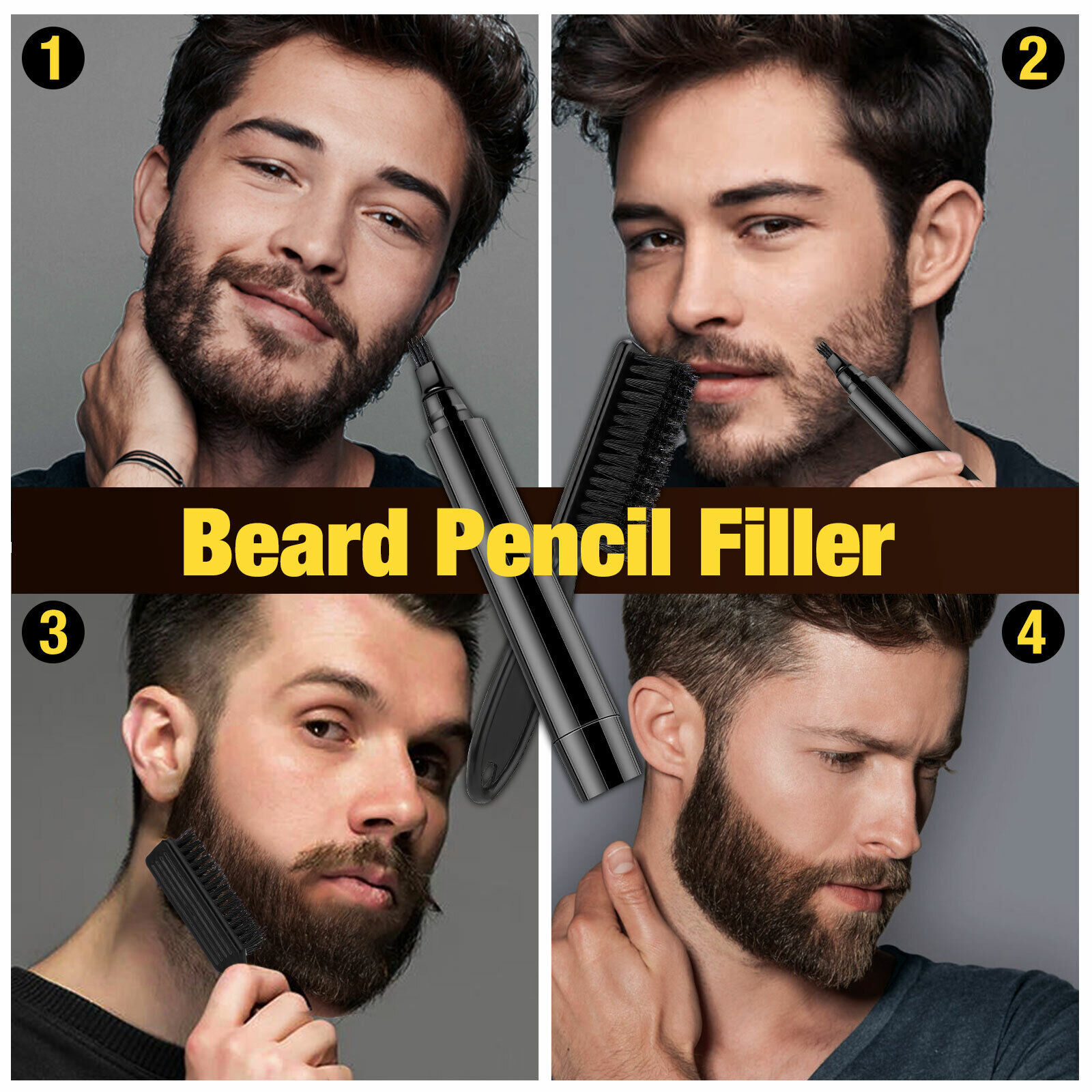 2× Waterproof Beard Pencil Filler Long Last Hair Grower Moustache Eyebrow +Brush