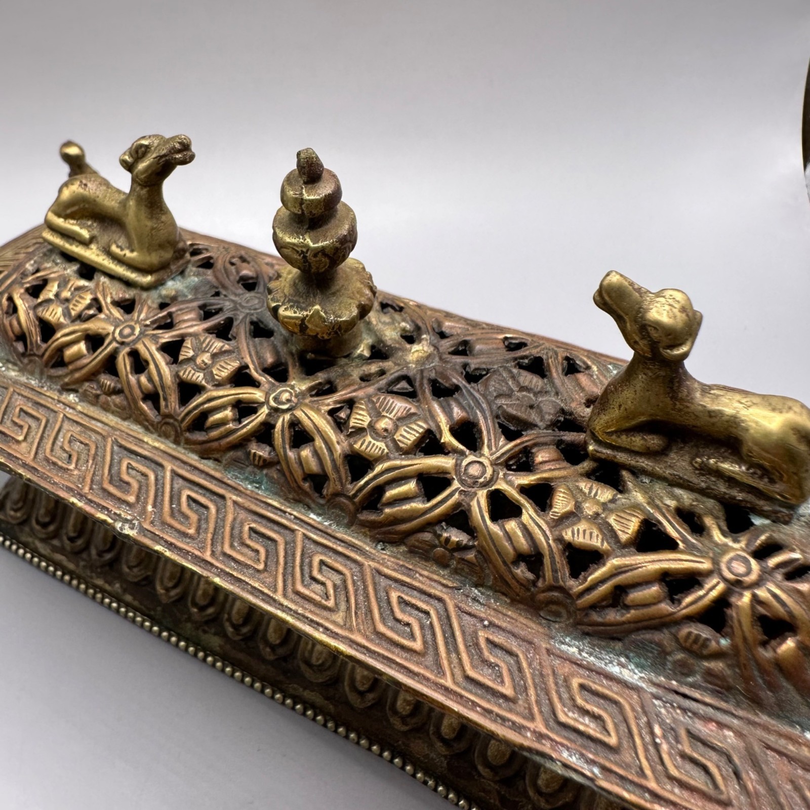 Nepal Tibetan Buddhist Incense Burner Brass & Copper Animal Finials Birds Motifs