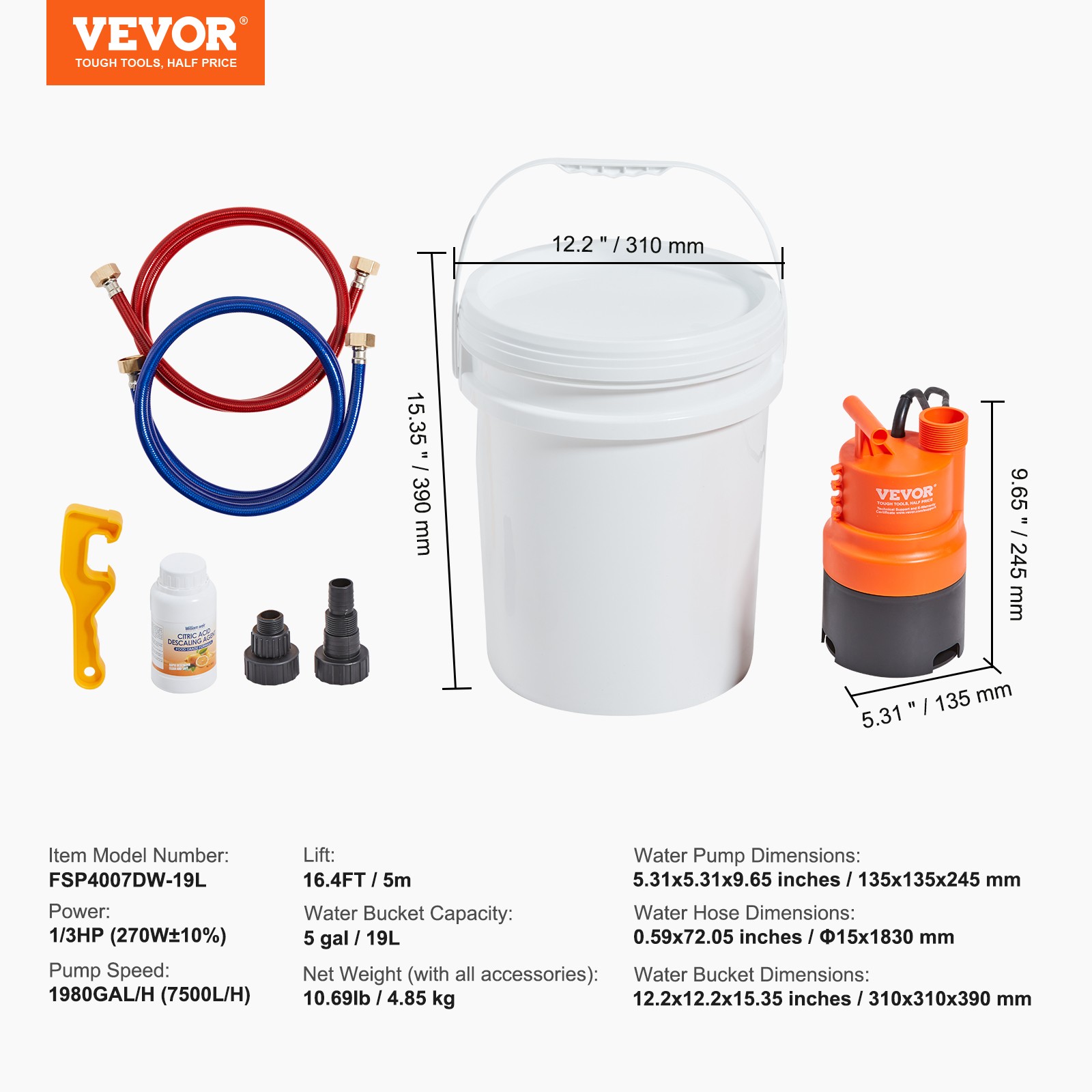 VEVOR Tankless Water Heater Flushing Kit w/ Pump & 5 Gallon Pail & Descaling