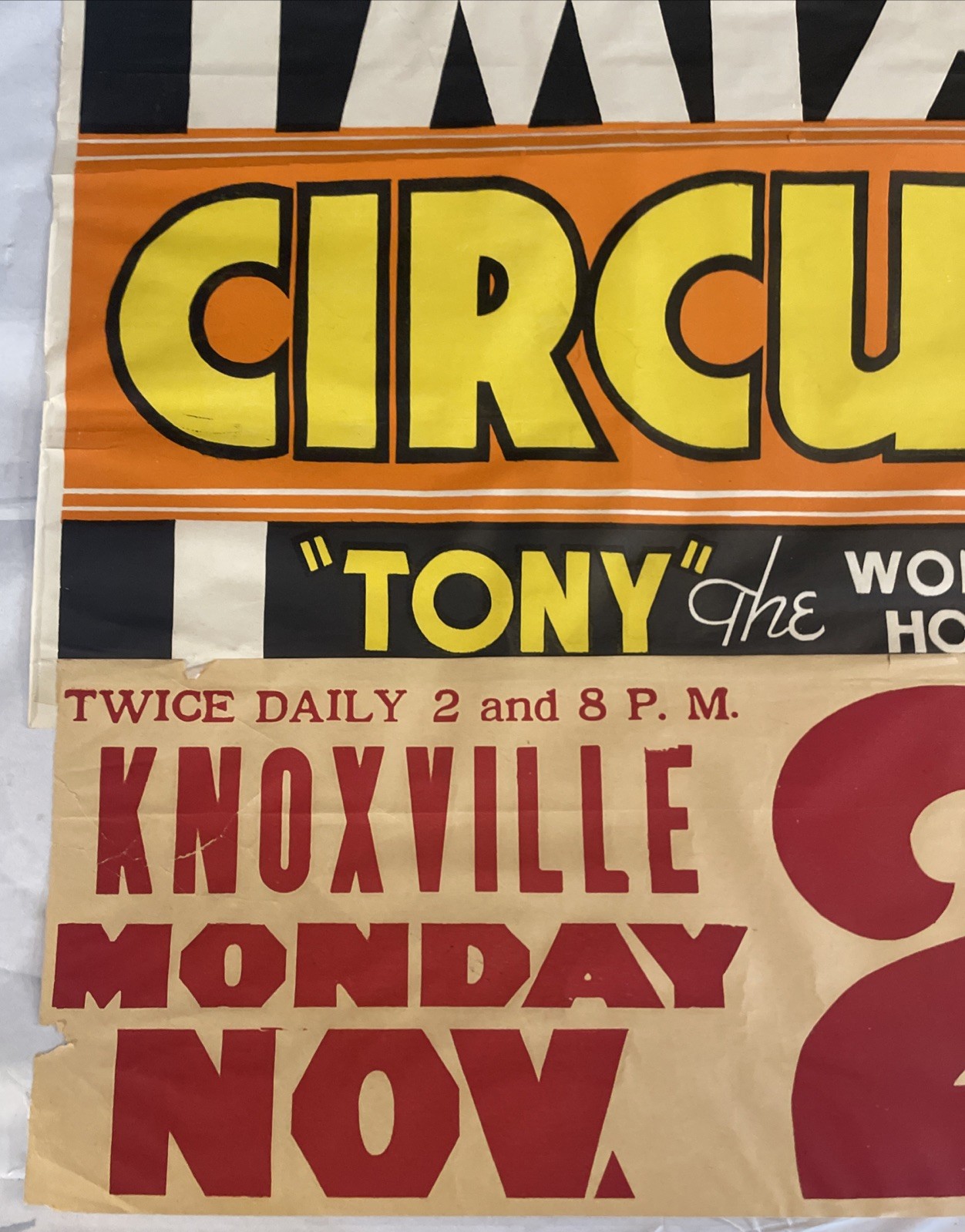 Vintage 35.5x21 Inch Tom Mix Circus Poster “Tony” The Wonder Horse Knoxville Ten
