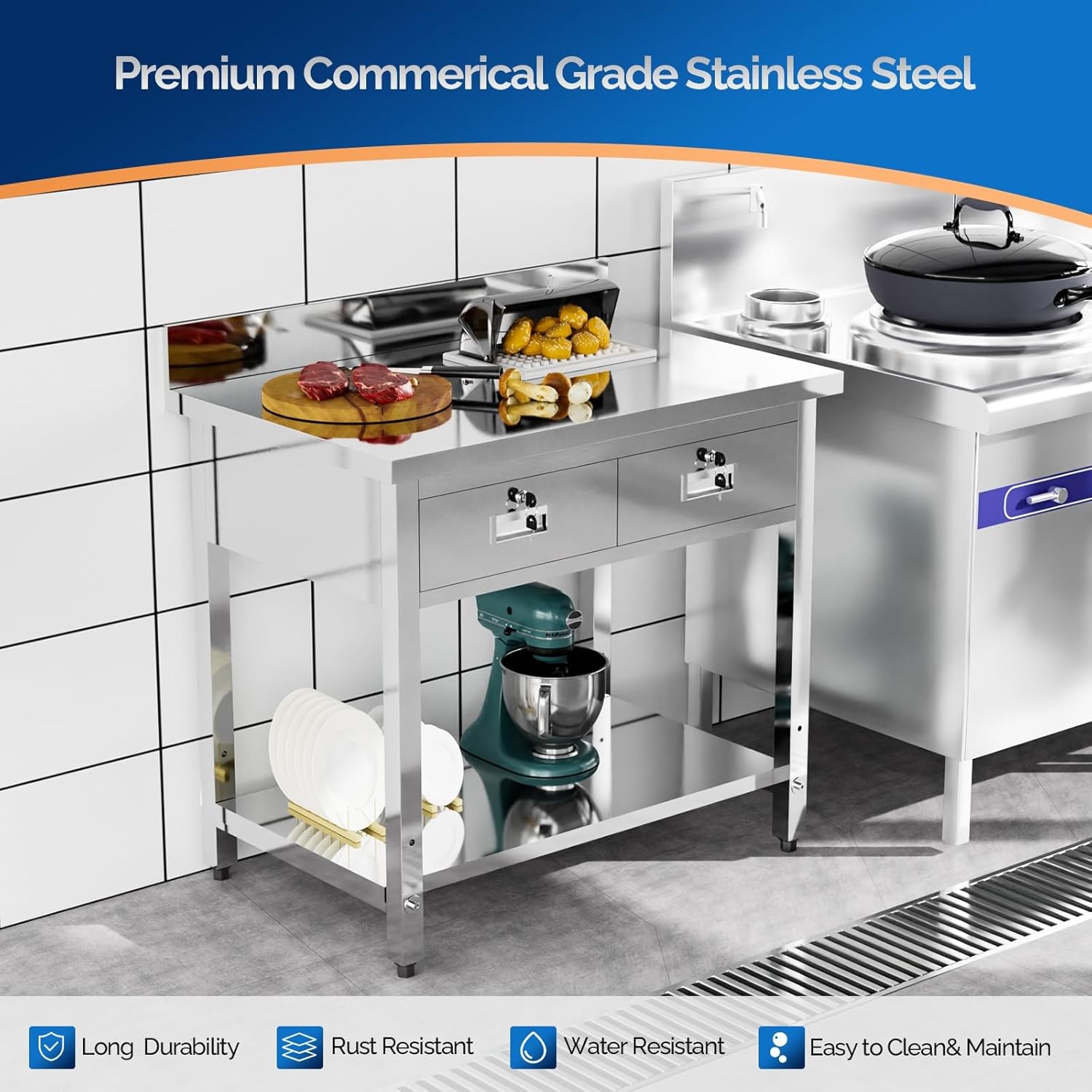 36 x 24" Stainless Steel Table with 2 Drawers Heavy Duty Metal Prep & Work Table