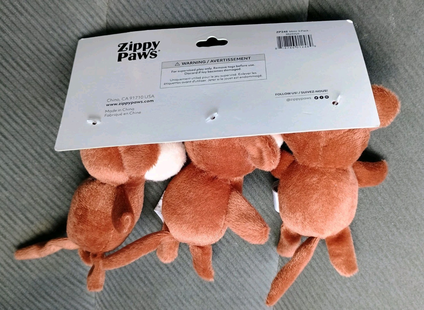 Zippy Paws Plush 3 Miniz Monkeys Mini Pet Dog Toy Squeaks Brown 4.5* NEW