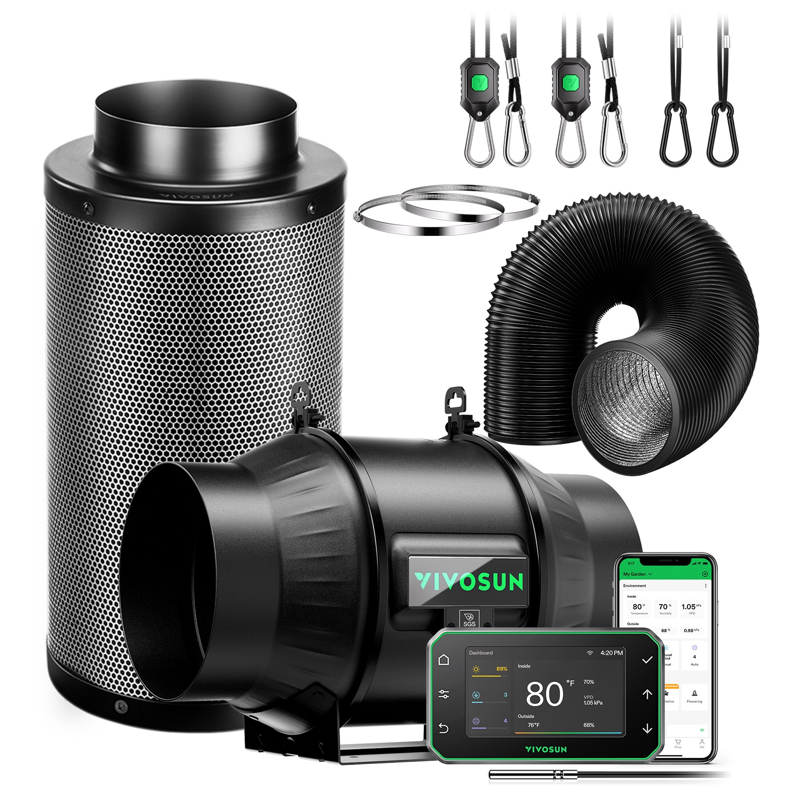 VIVOSUN Smart Air Filtration PRO Kit T6 Inline Fan Carbon Filter Ducting E42A+