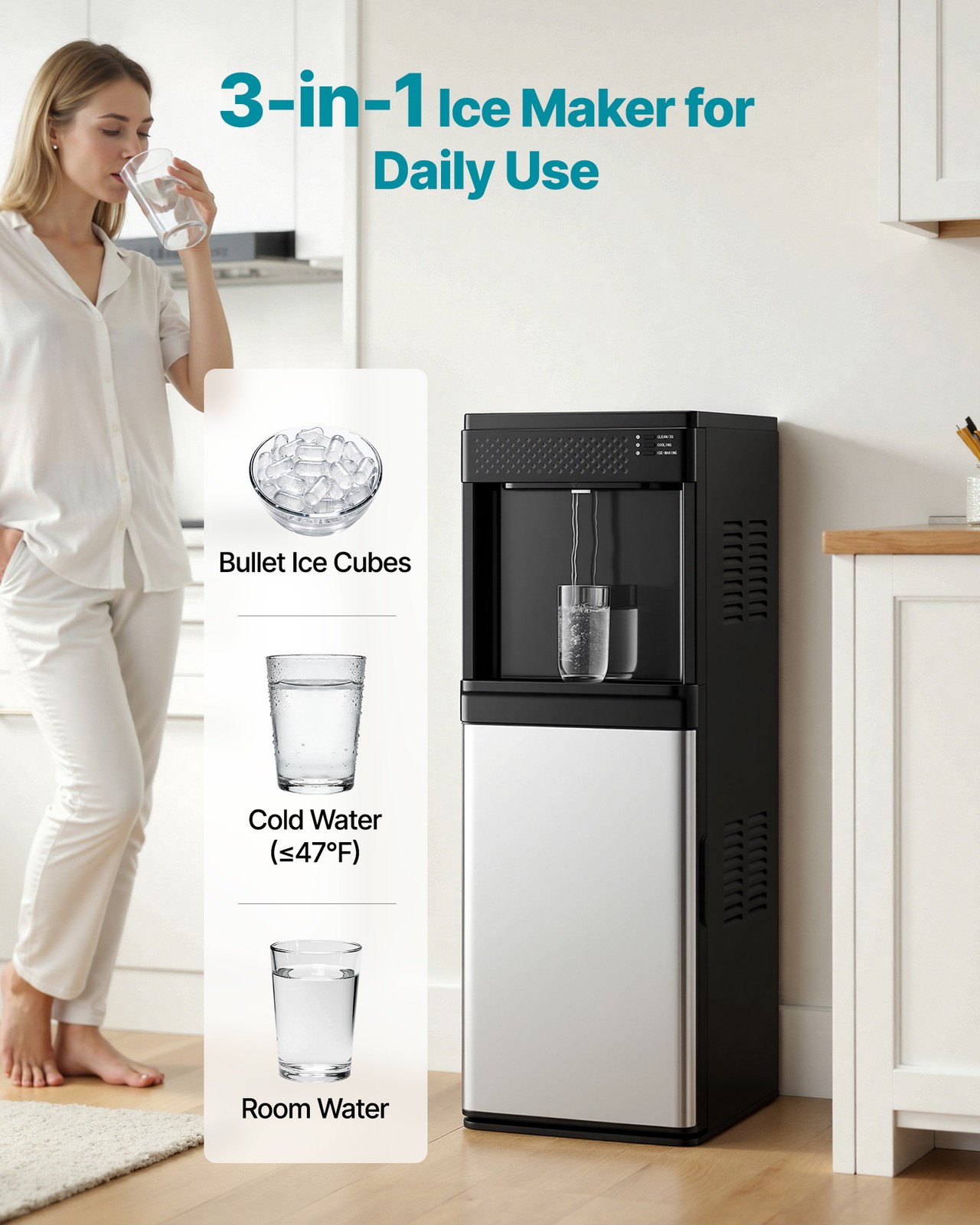 VEVOR Water Dispenser with Ice Maker 3-in-1 Floor-Standing Water Cooler for Home