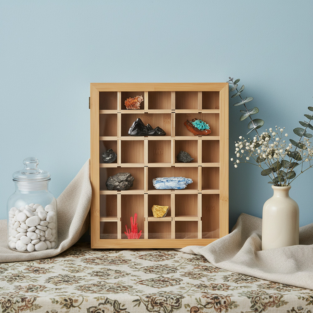 30-Grid Wooden Display Box for Crystals Rocks Minerals Collectibles Adjustable