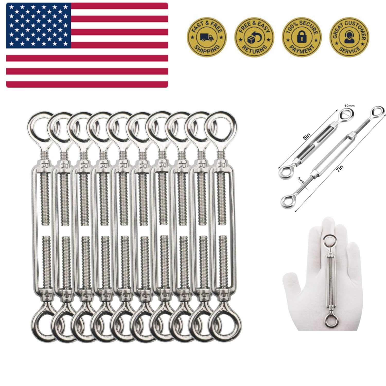 10 Pack M5 Turnbuckle Eye and Eye, 304 Stainless Steel Turnbuckle Wire Tensio...