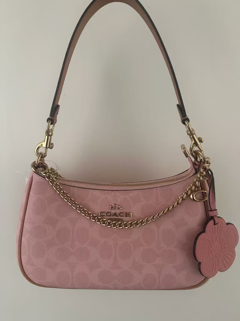 COACH CEA20 Teri Shoulder Bag Signature Canvas With Charms Gold/Powder Pink #JB