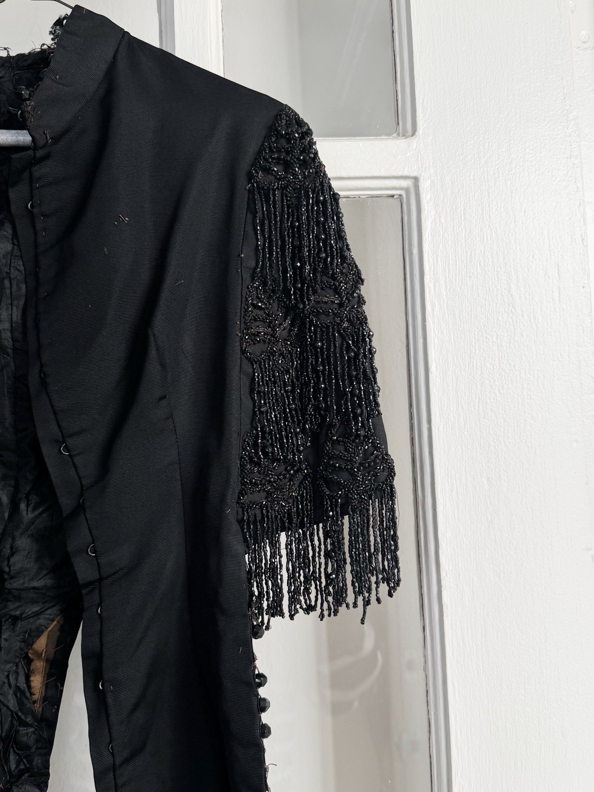 Antique Victorian Mourning Bodice Jacket with Jet Bead Fringe Late 19th Century