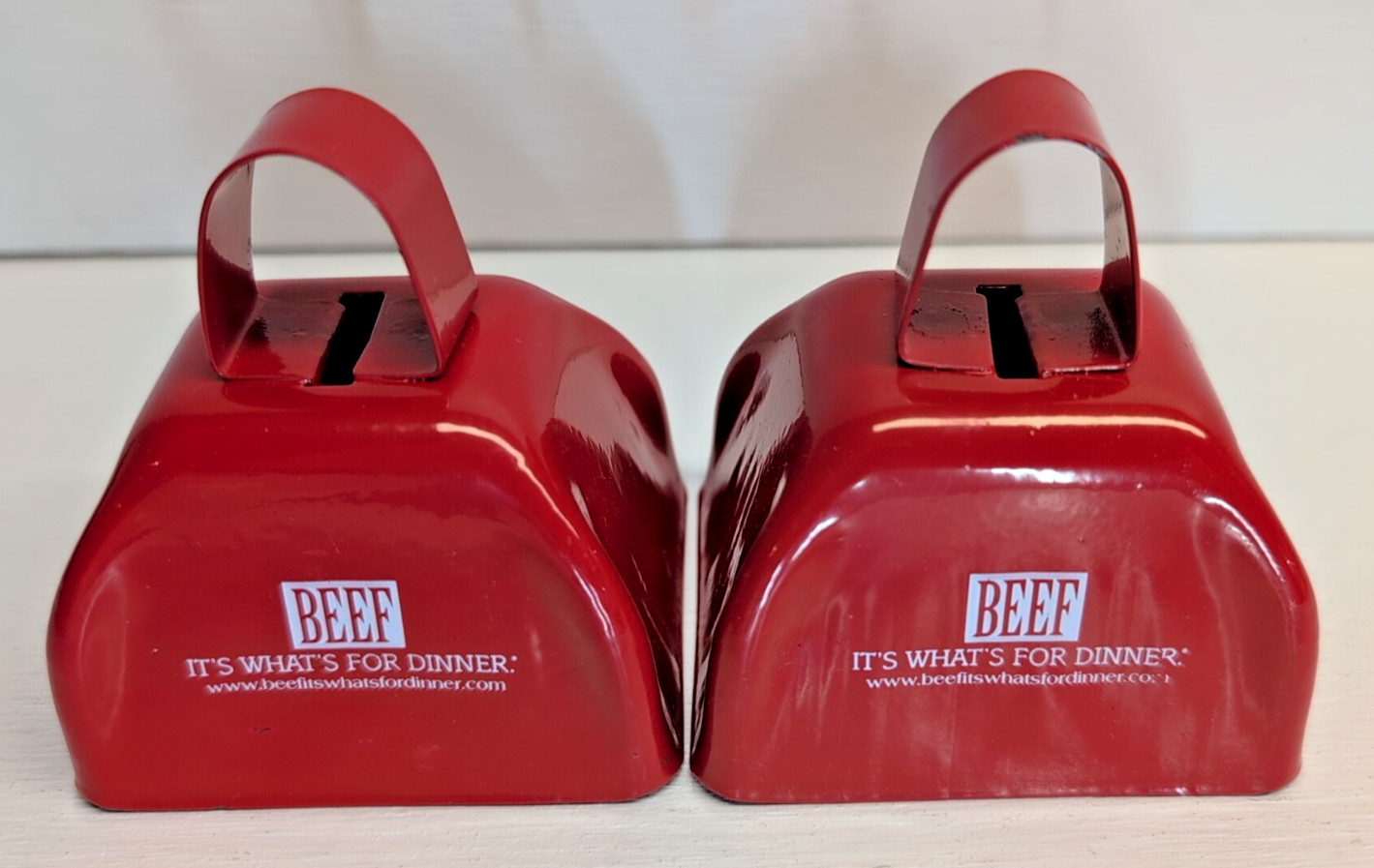 RARE! TWO (2) BEEF - IT'S WHAT'S FOR DINNER - RED METAL COWBELL COW BELL CATTLE
