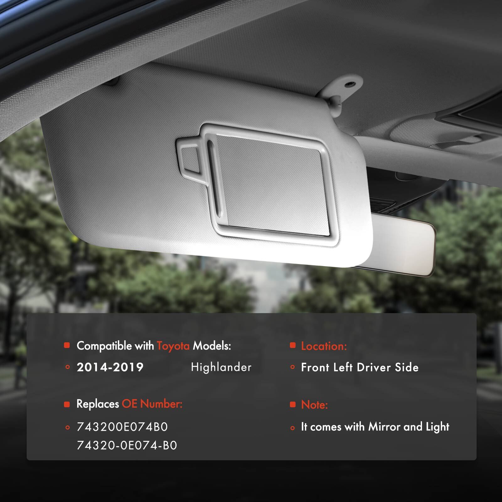 Gray Left Driver Sun Visor with Mirror & Light for Toyota Highlander 2014-2019