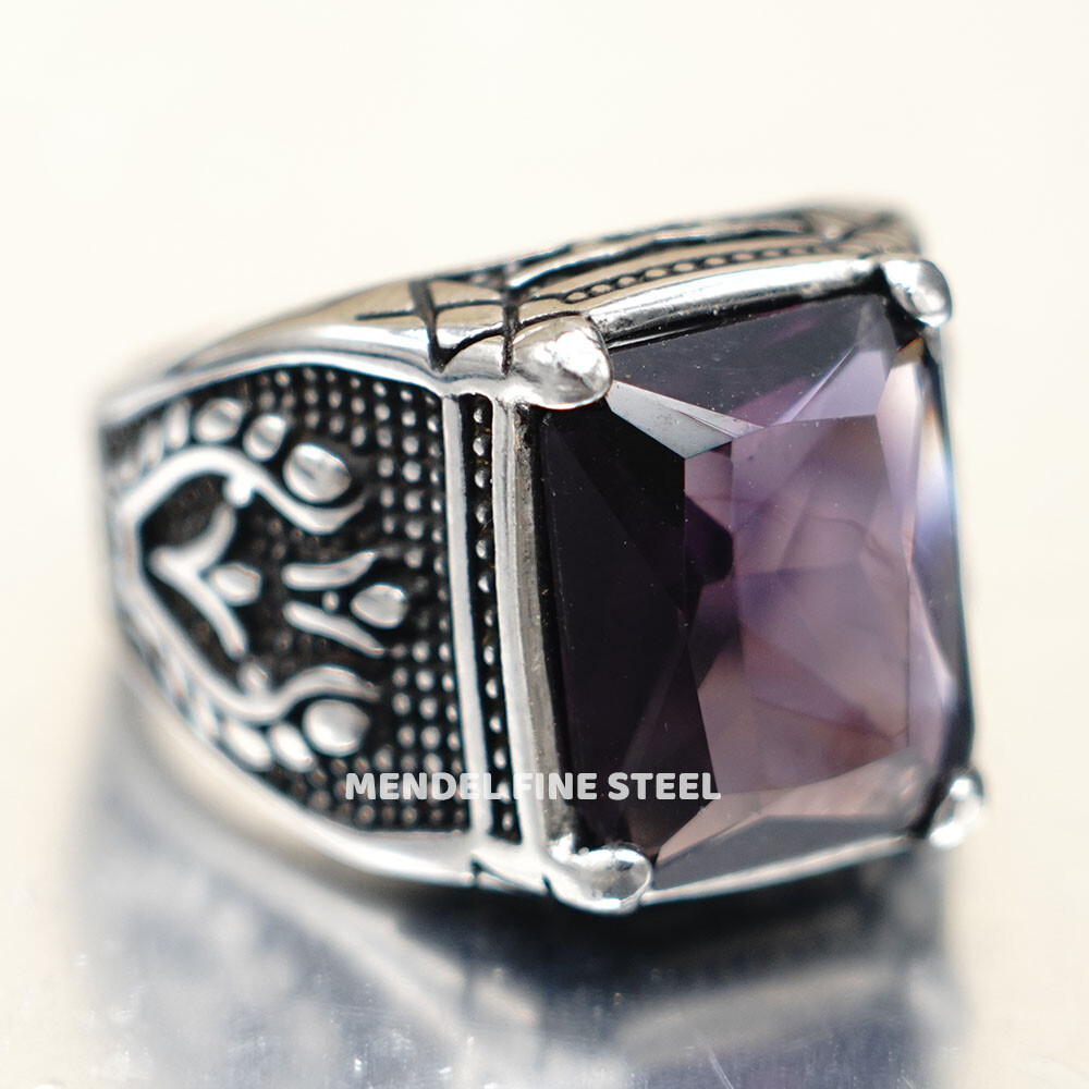 MENDEL Mens Purple Amethyst Stone Ring Stainless Steel Size 7 8 9 10 11 12 13-15