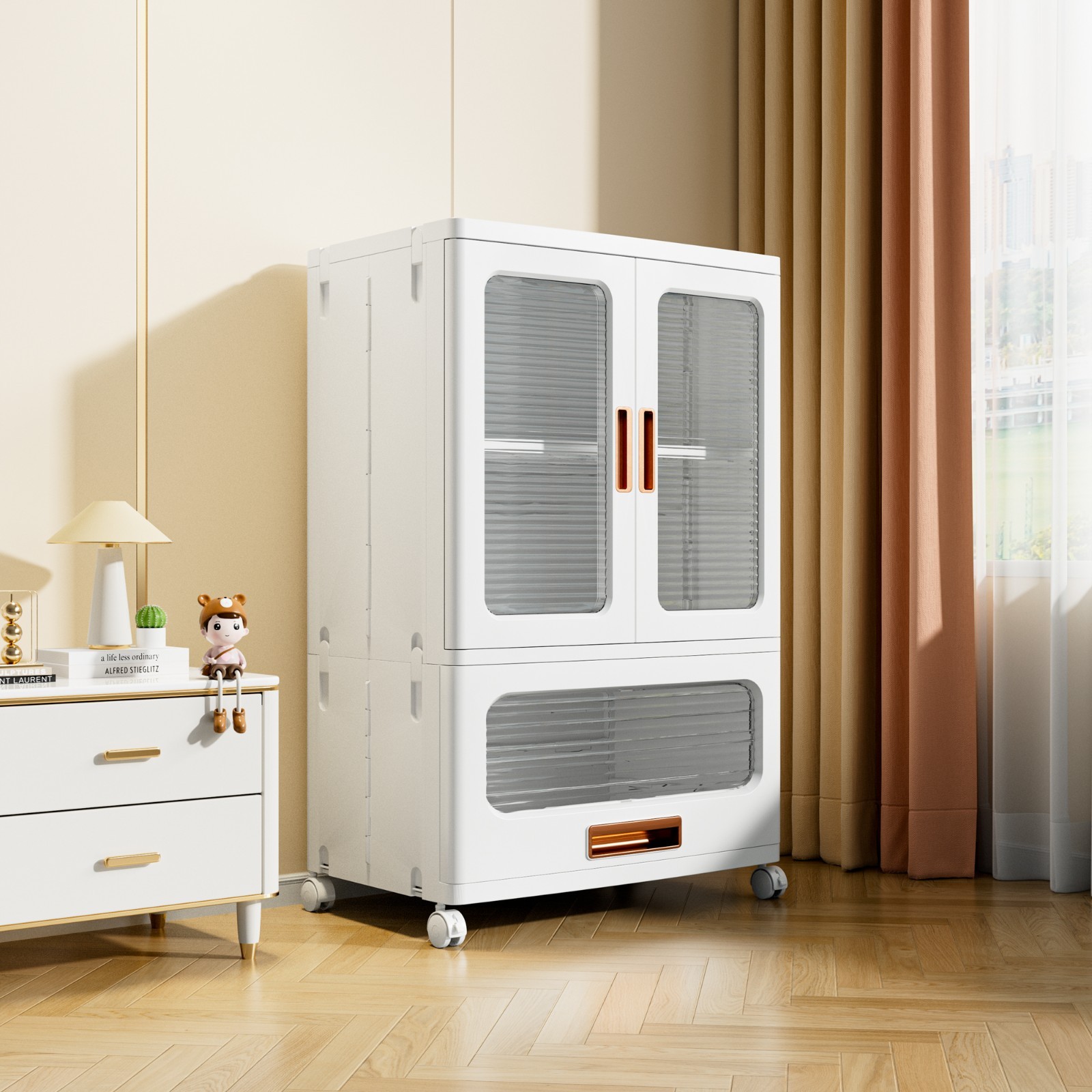 Rolling Plastic Storage Cabinet with Doors Drawer and Adjustable Shelves Bedroom