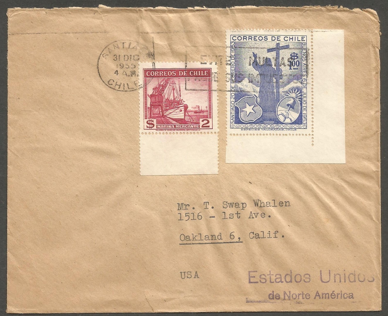 CHILE 1955 Cover Santiago to USA Slogan Cancel