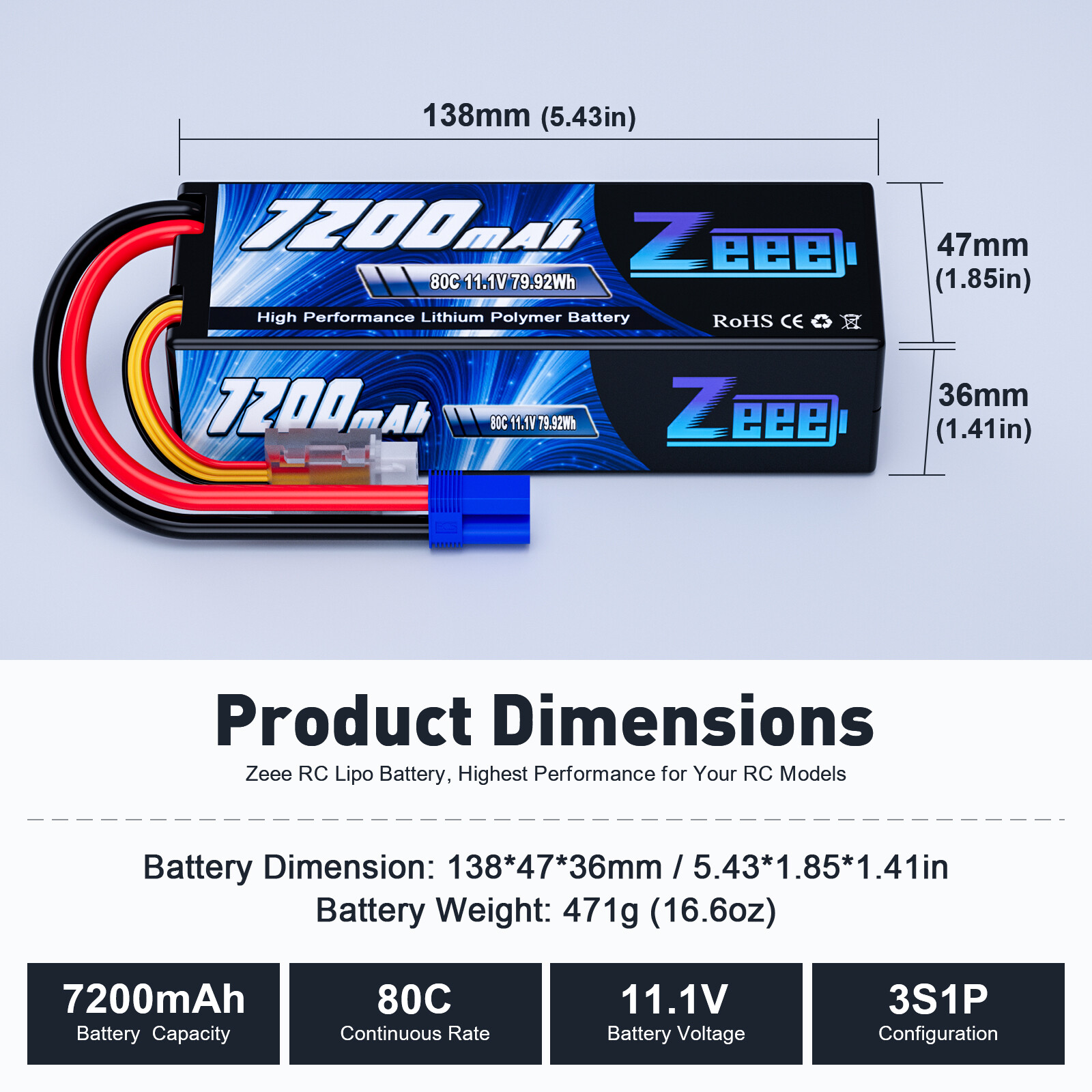 2x Zeee 3S LiPo Battery 7200mAh 11.1V 80C EC5 for LOSI RC Car Truck Boat Buggy