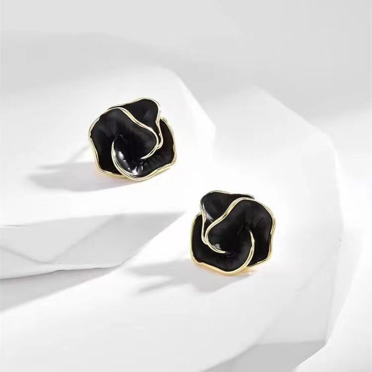 Women's Elegant Black Camellia Ear Studs Earrings Alloy Fashion Jewelry Gift
