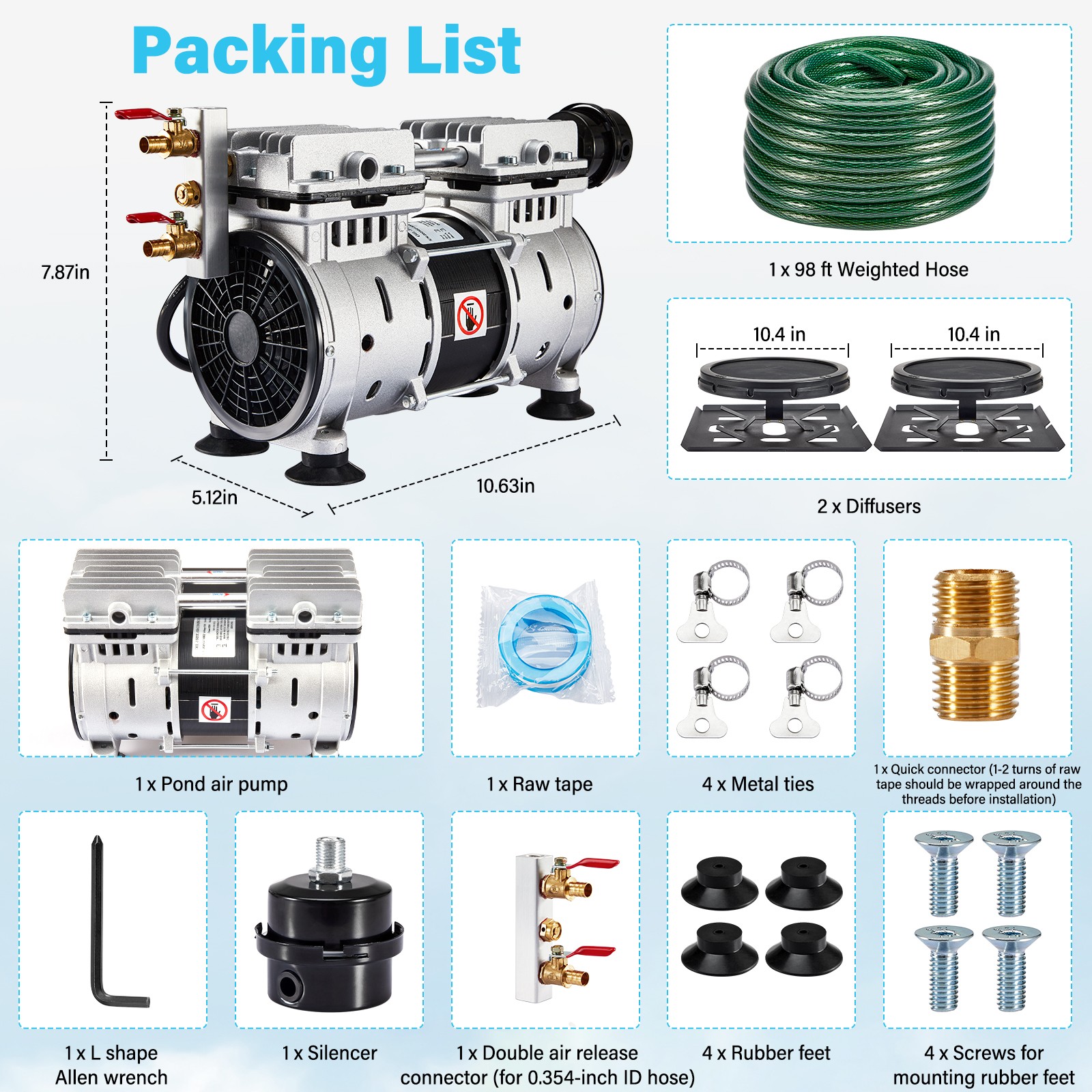 Pond Aerator Lake Pond Aeration Kit 3/4 HP w/ 2x98' Tubes 2x10.4" Diffusers