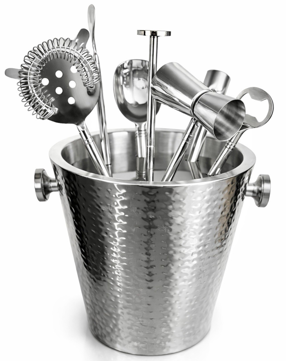 Mid-Century Stainless Steel Barware Set With Ice Bucket & Stand, 8 Pieces