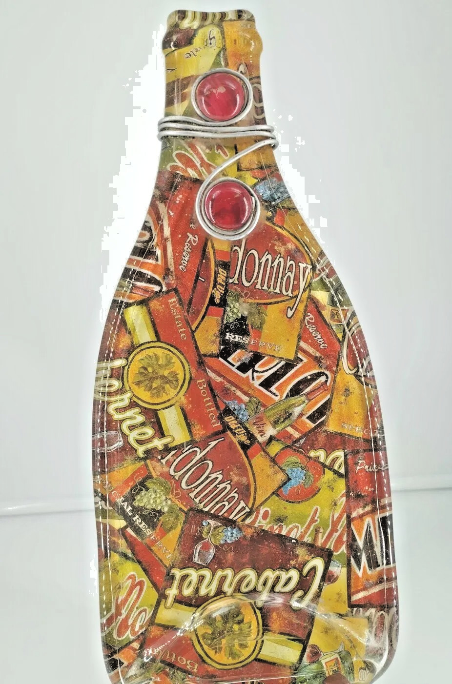 Flatten Glass Wine Bottle Shape Decor Metal Glass 2 Stones 12" T