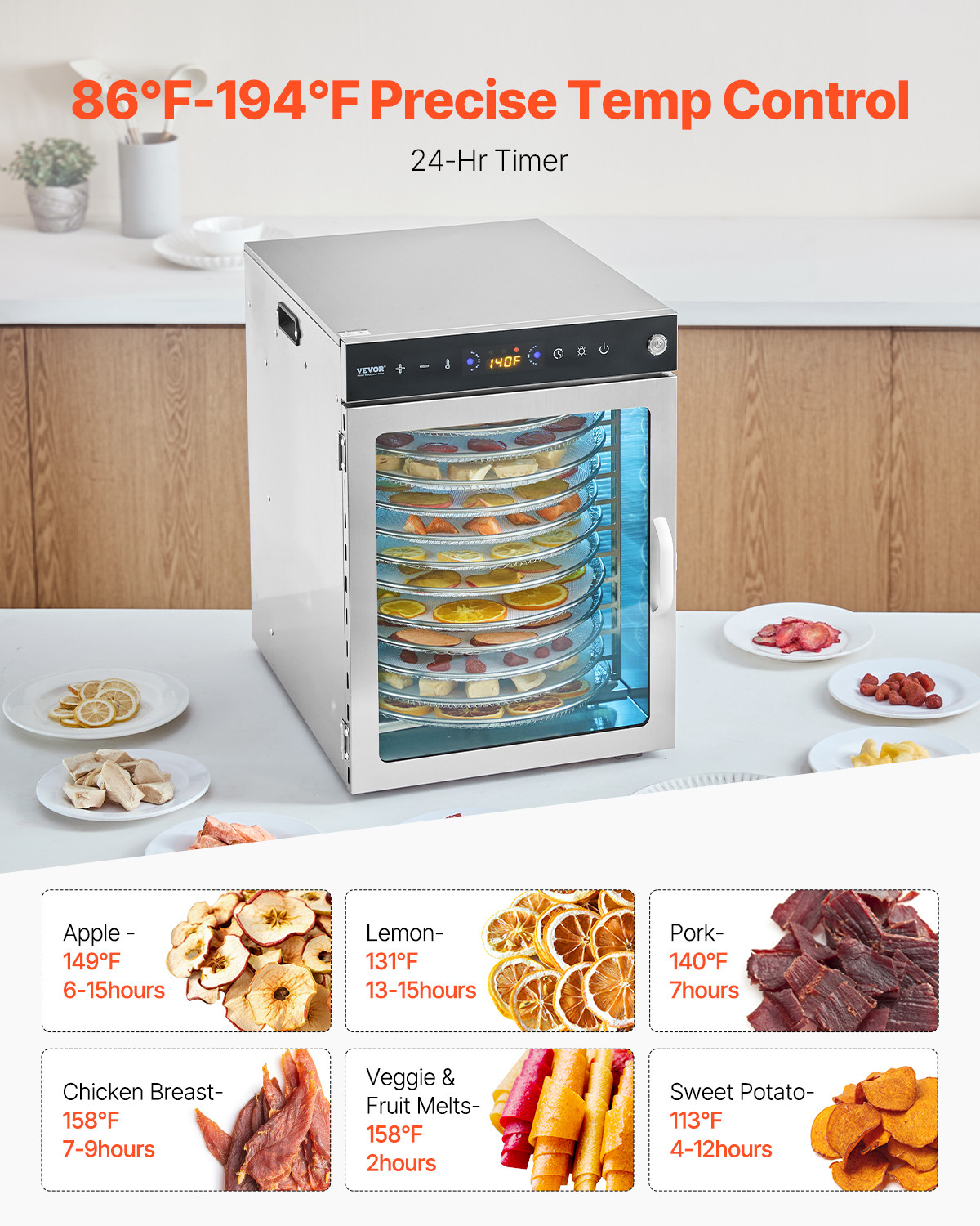 VEVOR 12 Trays Rotary Food Dehydrator Machine Stainless Steel 800W Jerky