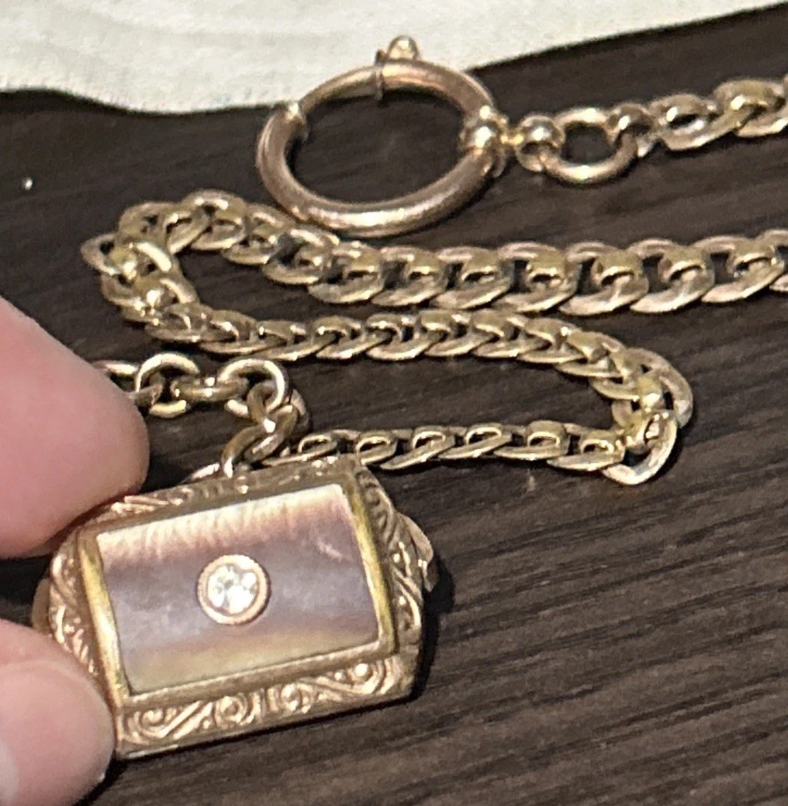 Vintage CHARNIER 1/10 Watch Chain Rose GF Abalone Carnelian Spinner GF Fob 11”