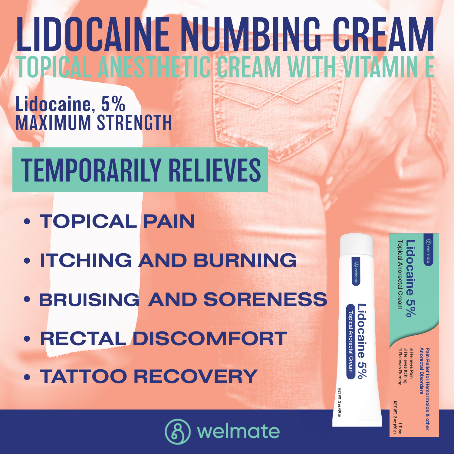 WELMATE Pain Relief, 5% Lidocaine Numbing Cream, Topical Anesthetic, 2oz