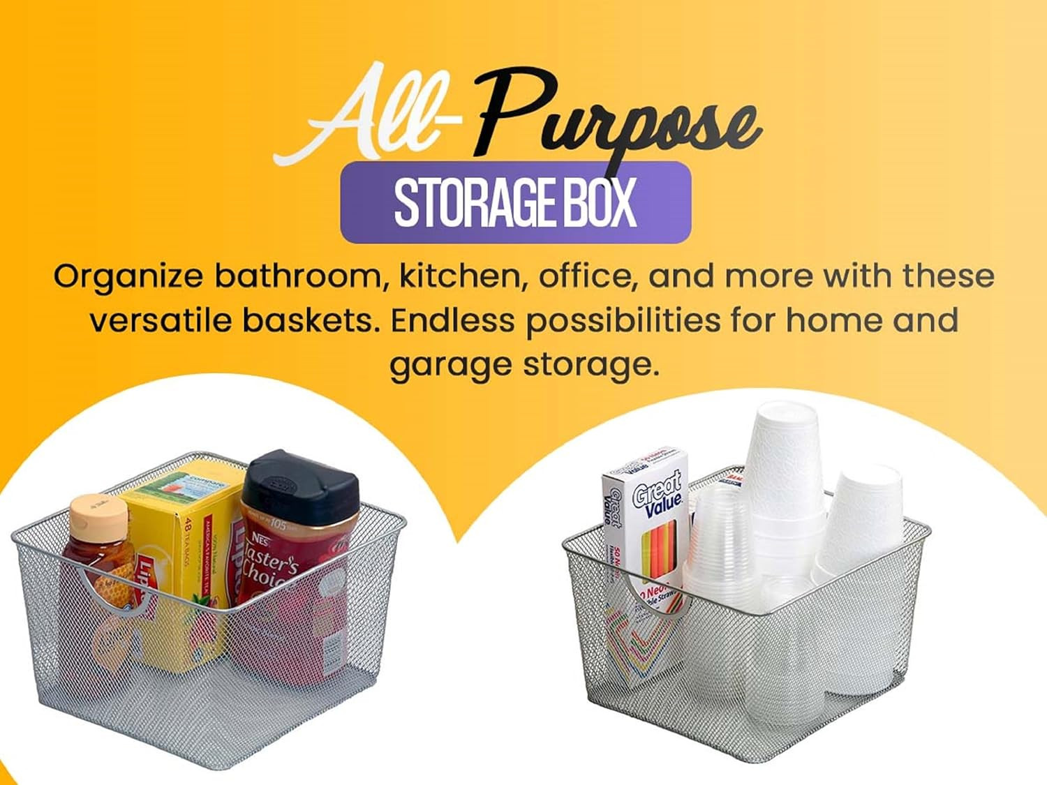 Silver Large Metal Wire Mesh Stacking Bin for Kitchen & Pantry Storage