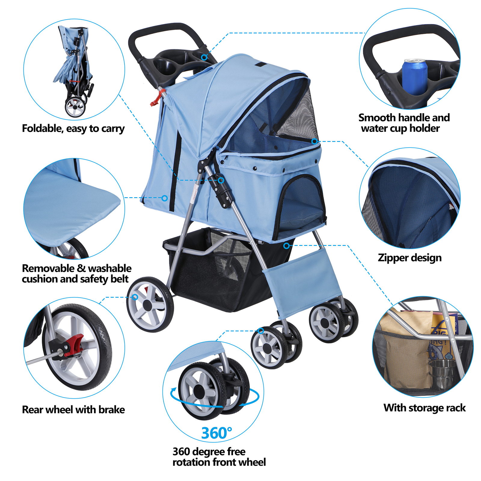 4 Wheels Pet Stroller Portable Dog Stroller w/ Storage Basket & Cup Holder Blue