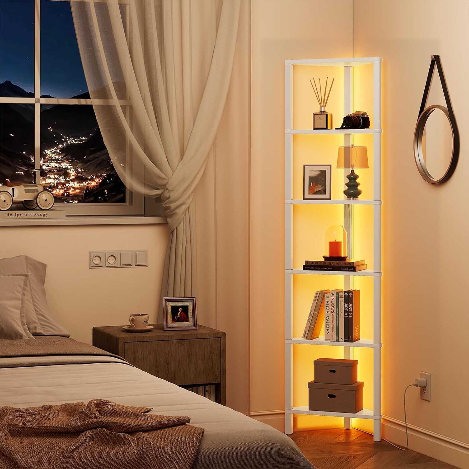 Estantería esquinera de 6 niveles con luz LED, ideal para espacios reducidos, co