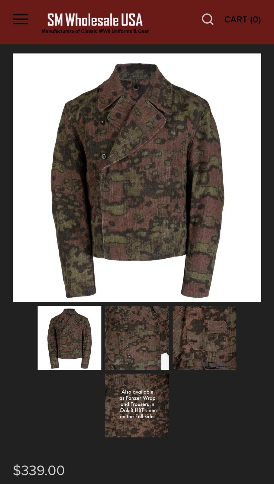 SM Wholesale HBT Panzer Wrap/Oak B/ New & Unused Condition/ Size 42*44 Regular