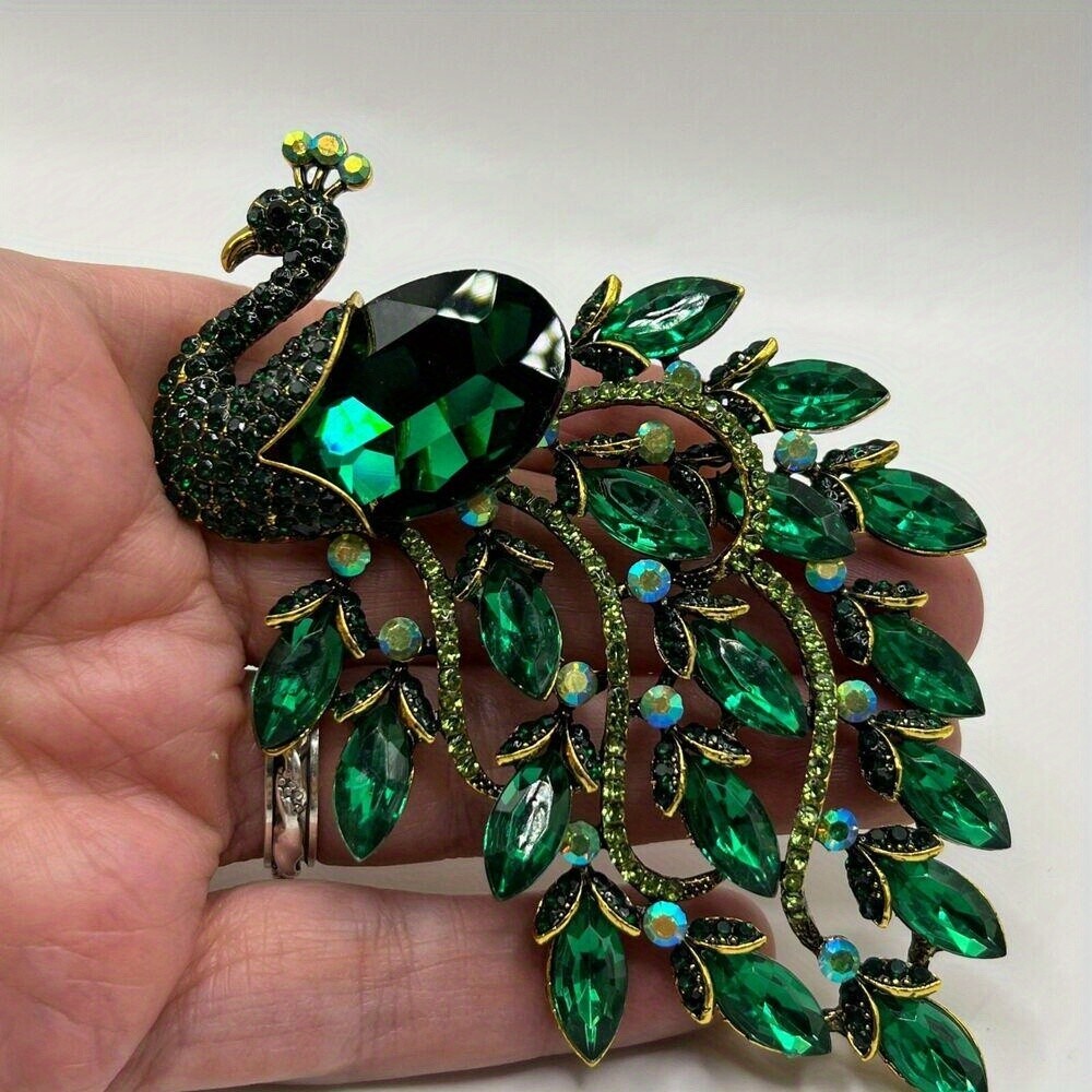 PEACOCK BROOCH Pin Pendant Green Navette Ab Rhinestone Bird Costume Jewelry