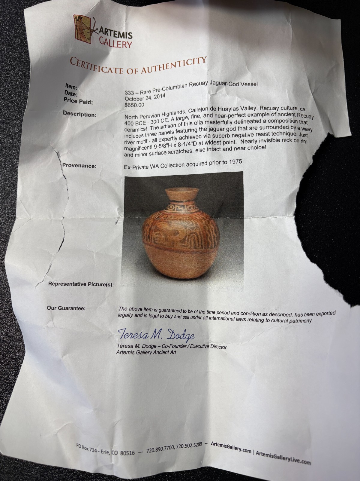 RARE Pre-Columbian Recuay Jaguar-God Vessel w Authenticity & Provenance