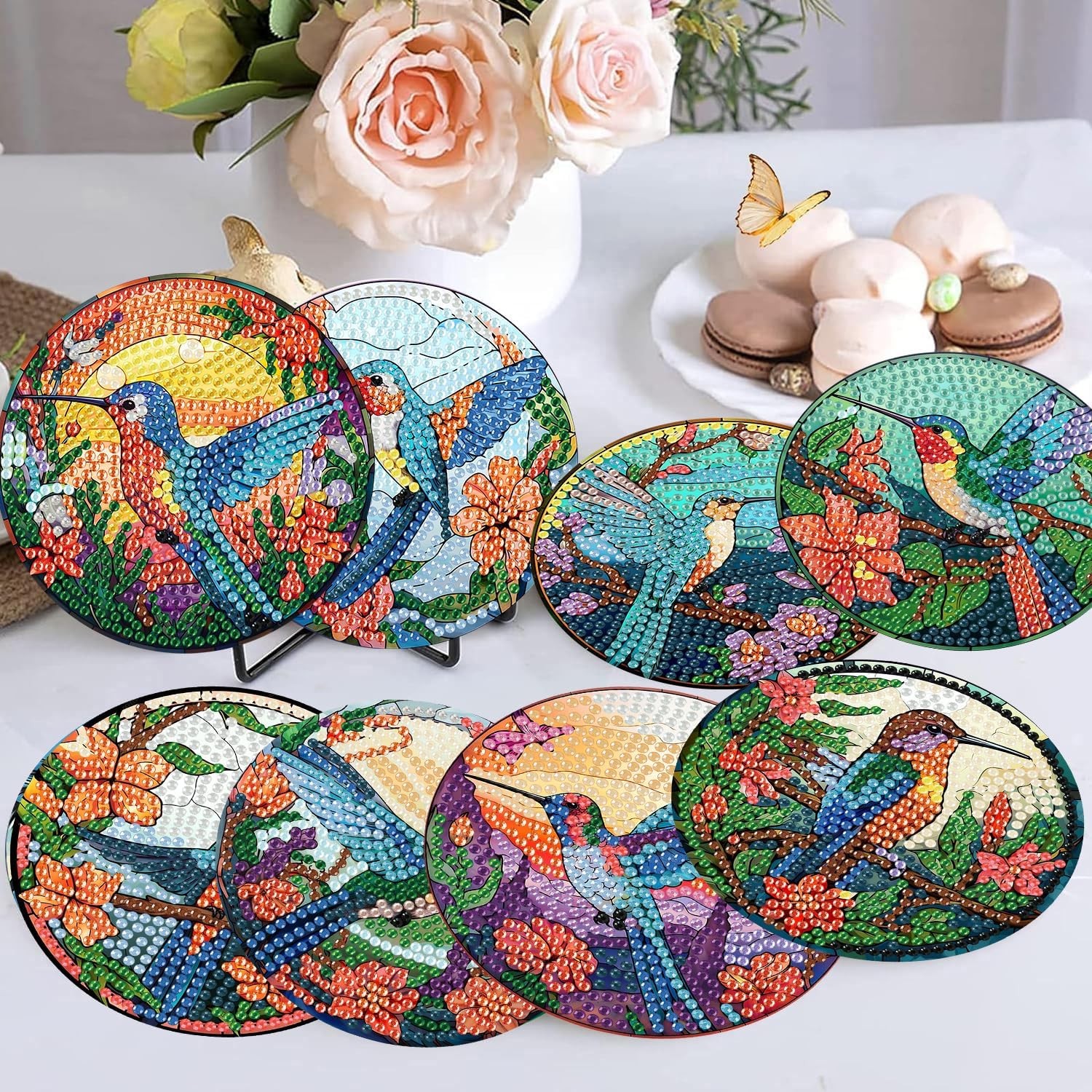 mrpwnle 8 PCS Diamond Painting Art Coaster Set with Hummingbird Coasters