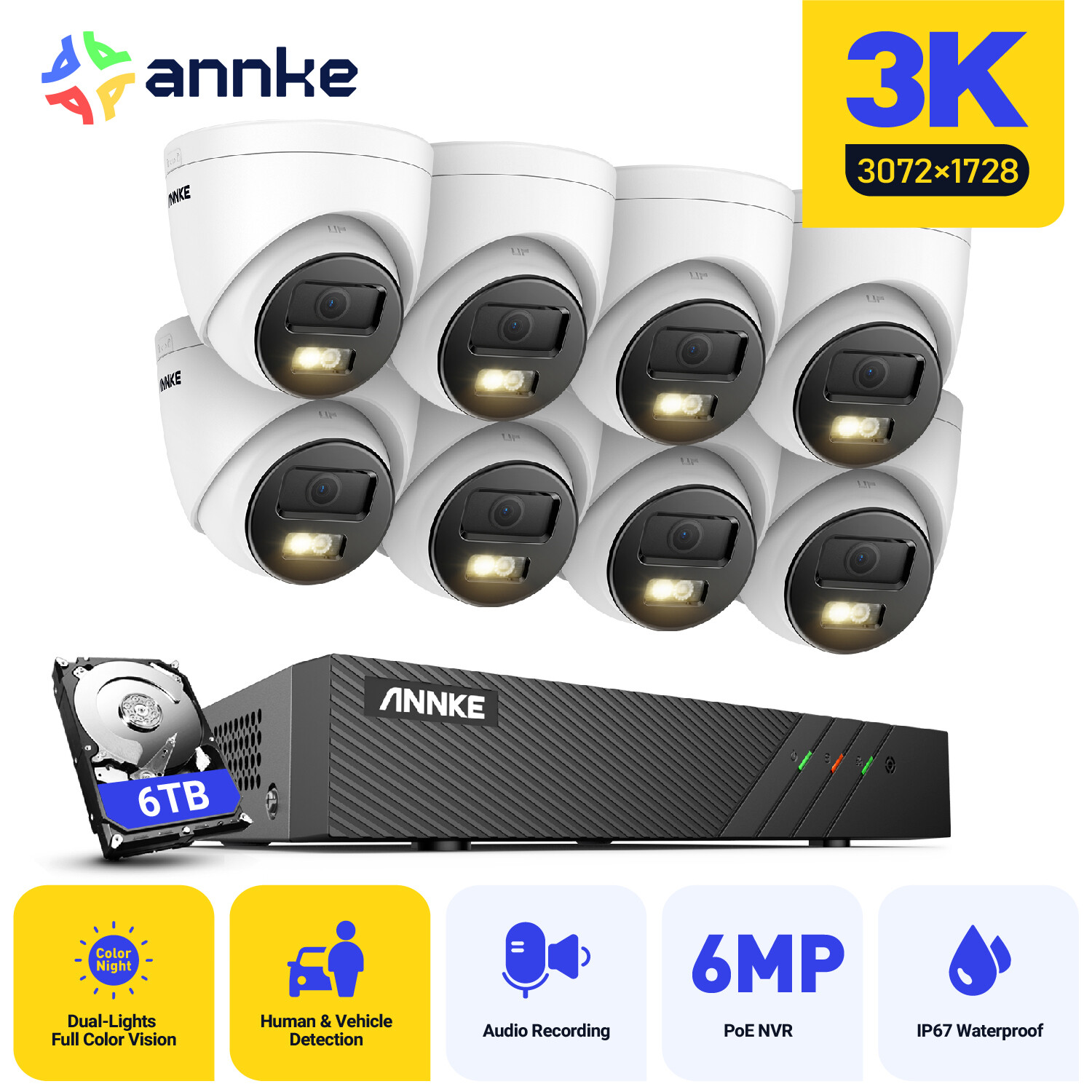 ANNKE H.265+ 5MP Audio POE Security IP Camera System 6MP 8CH NVR Outdoor Color