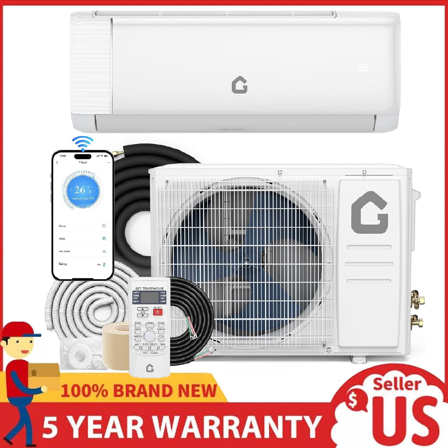 12000 BTU Ductless Mini Split Heat Pump Air Conditioner Inverter w/Kit ,22 SEER2