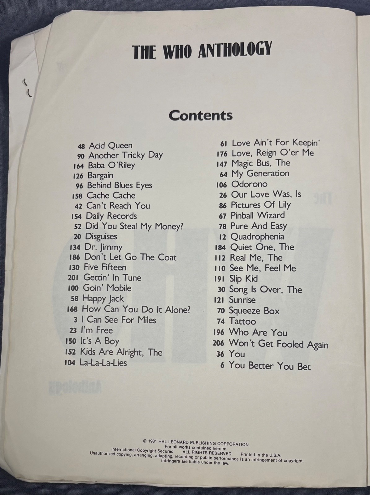 The Who Anthology Piano Vocal and Guitar 1981 Out of Print Sheet Music Songbook