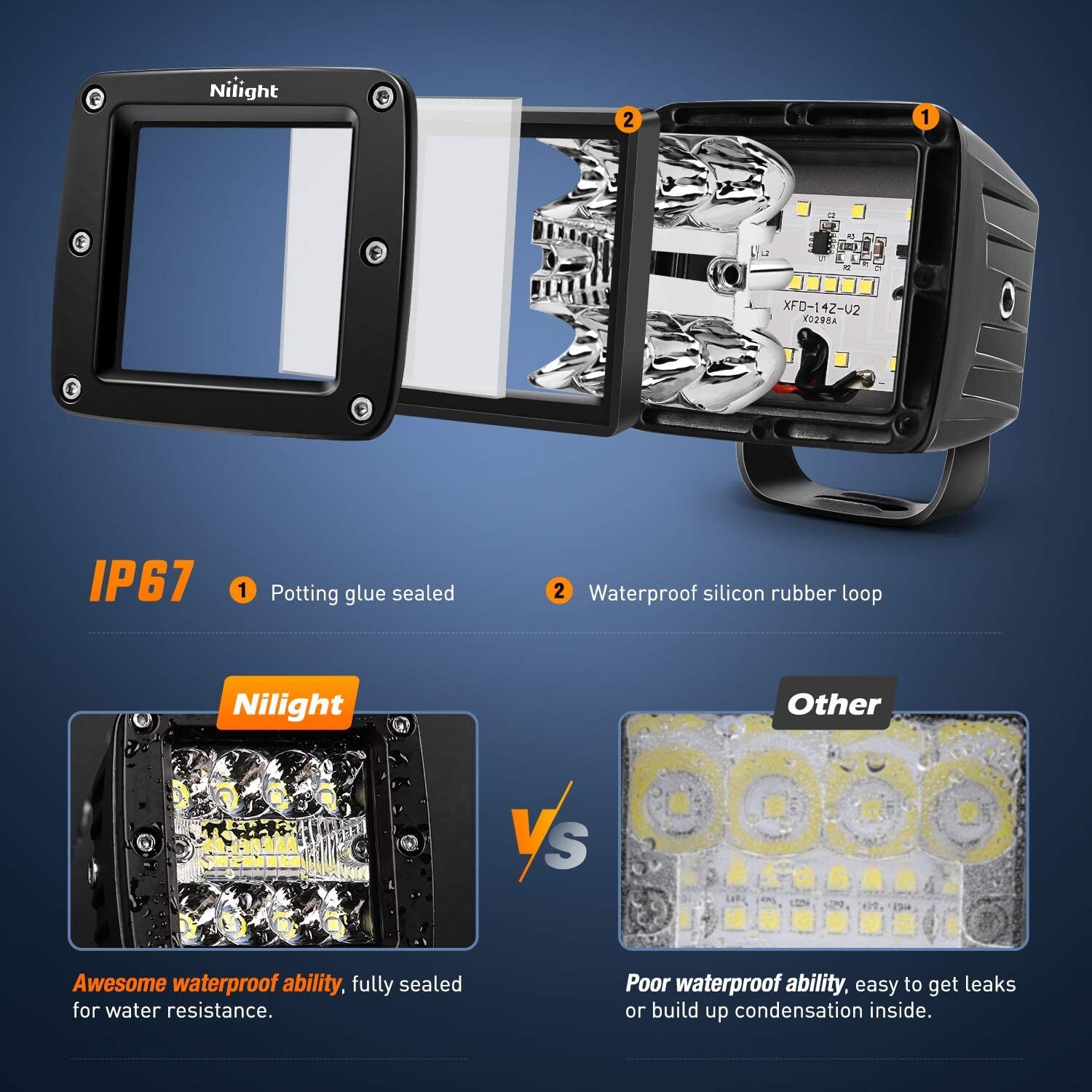 Nilight 2Pcs 3Inch 42W LED Cubes Upgraded Spot Flood Combo Square Driving Lights