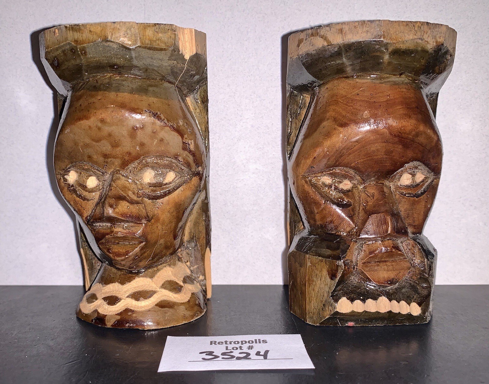 VTG Tribal Wood Totem Head Busts Male Female Hand Carved signed