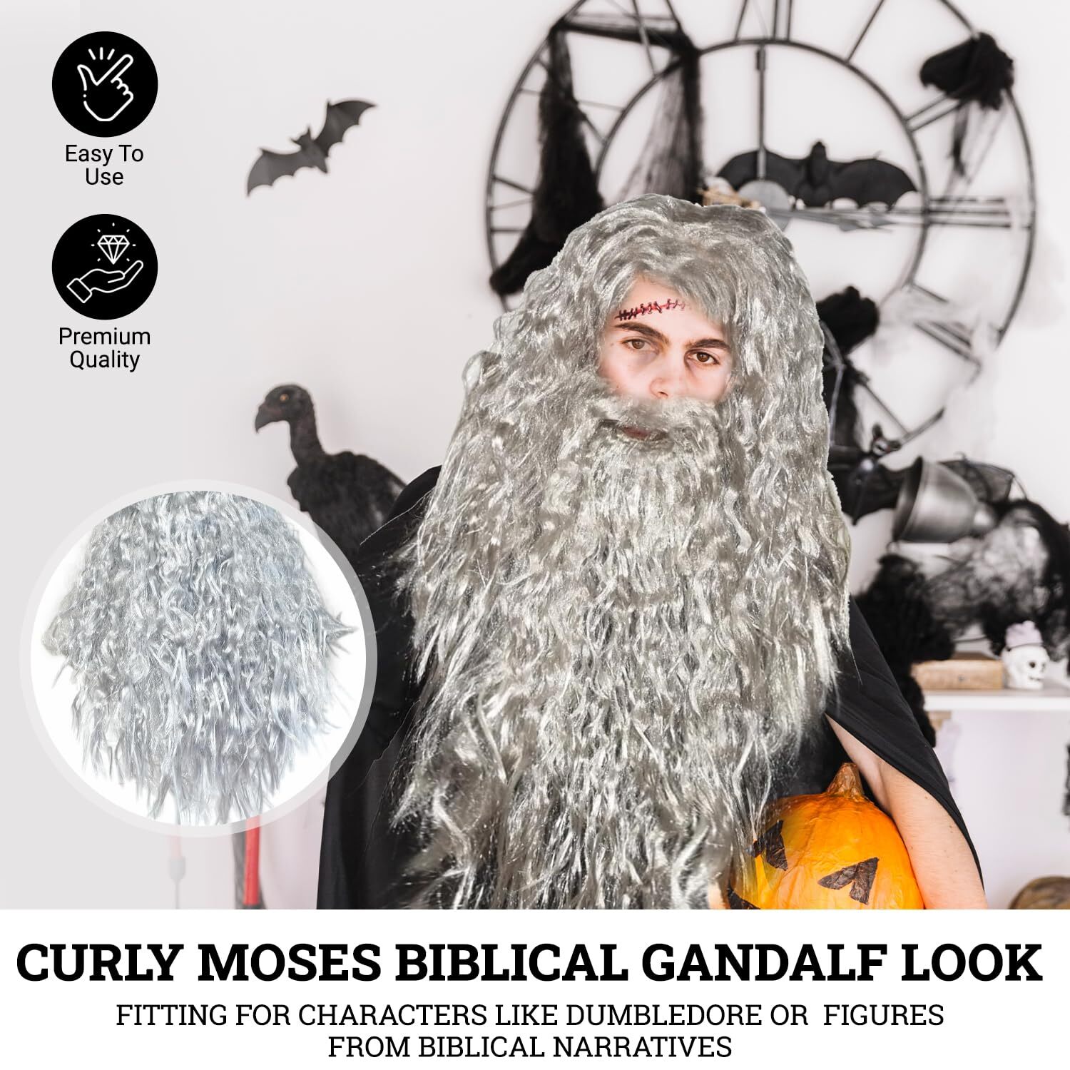 Wizard Wig Costume with Beard Included - One Size Fits All - Grey Color with ...